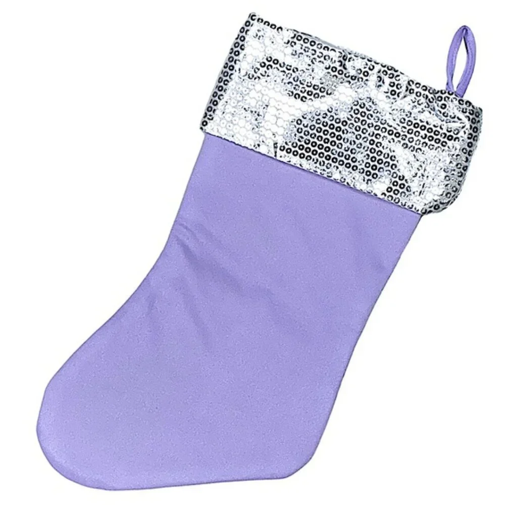 Christmas Stocking Elsa & Anna Disney Frozen Shiny Silver Cuff Lavender 17 in